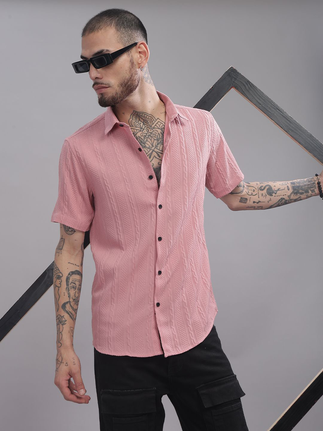 PAUL STREET Standard Slim Fit Self Design Textured Spread Collar Shirt