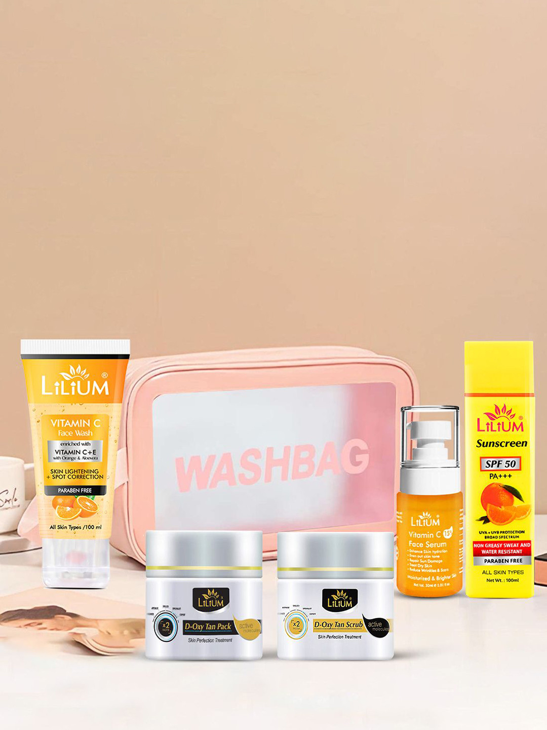 Lilium Vitamin C Face Wash, D-Oxy Tan Scrub, Pack, Serum & Sunscreen Gift Set