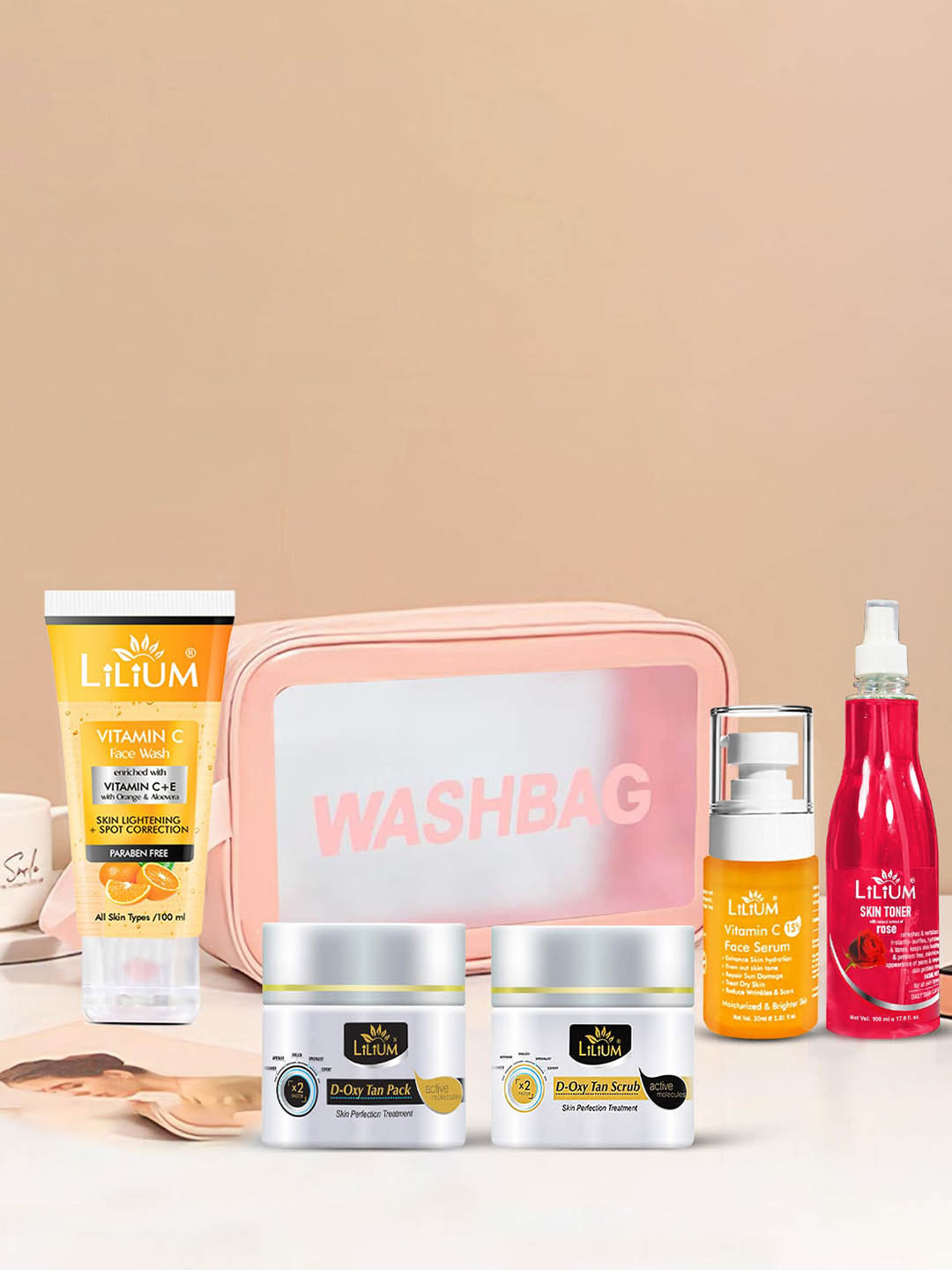 Lilium Vitamin C Face Wash, D-Oxy Tan Pack, D-Oxy Tan Scrub, Serum & Rose Toner Gift Set