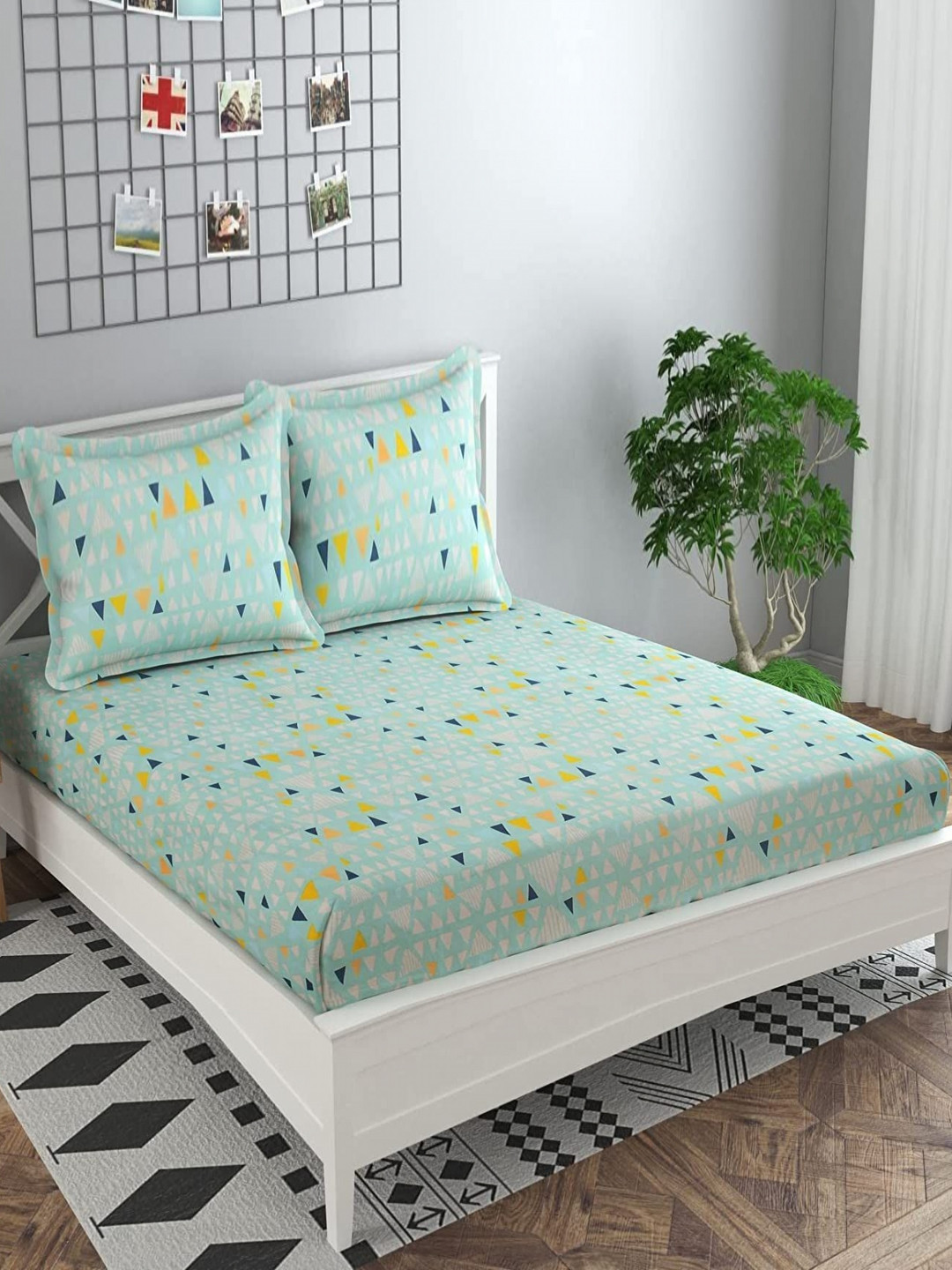 RRC Green Floral Microfiber 144 TC Fitted King Bedsheet with 2 Pillow Covers-183 x 198 x 13