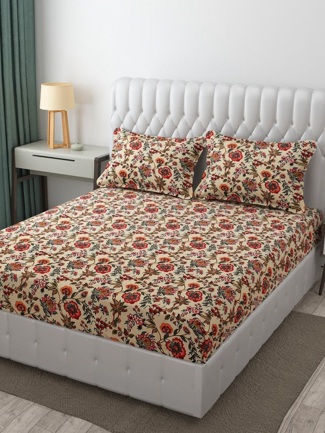 RRC Maroon Floral Microfiber 144 TC Fitted Queen Bedsheet with 2 Pillow Covers-200 x 78 x 50 cm