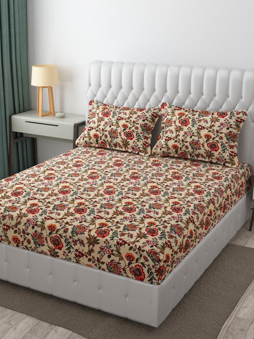 RRC Maroon Floral Microfiber 144 TC Fitted King Bedsheet with 2 Pillow Covers-182.88 x 198.35 x 5 inches