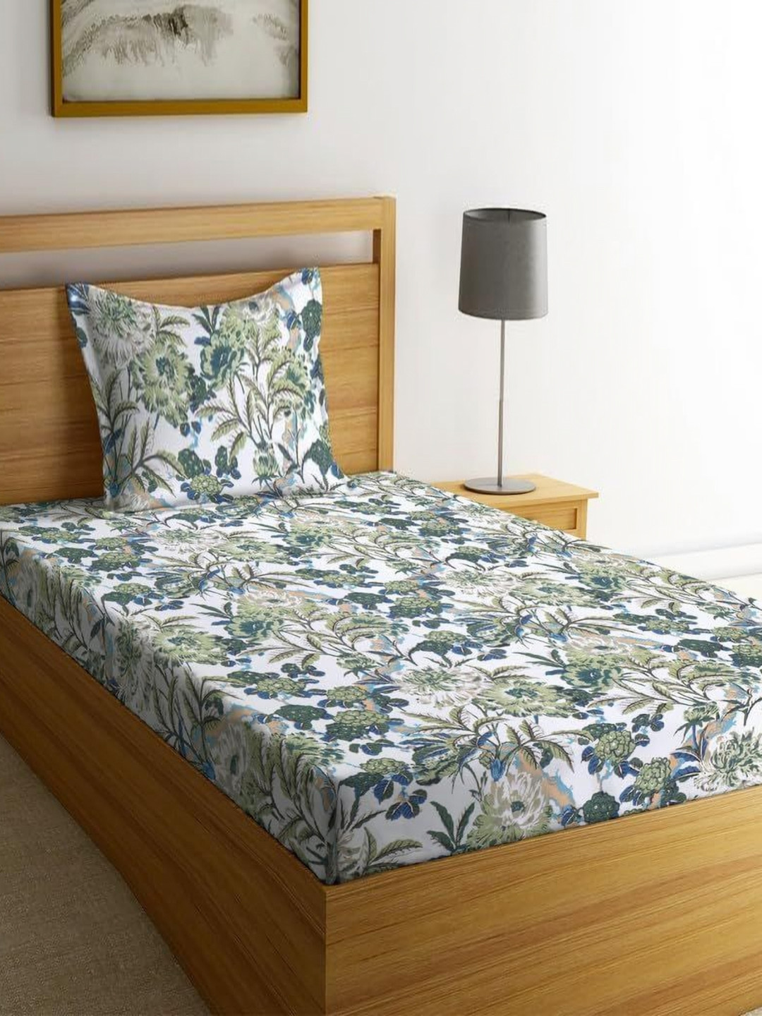 RRC Green Floral Microfiber 144 TC Fitted Single Bedsheet with a Pillow Cover-36 x 78 inches