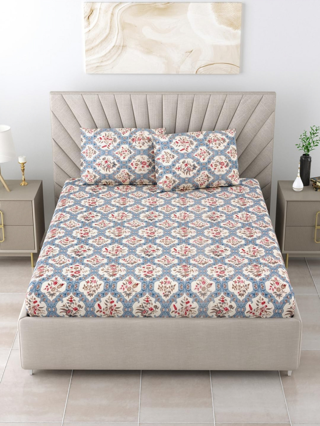 RRC Magnet Blue Floral Microfiber 144 TC Fitted King Bedsheet with 2 Pillow Covers-182.88 x 198.35 x 5 inches