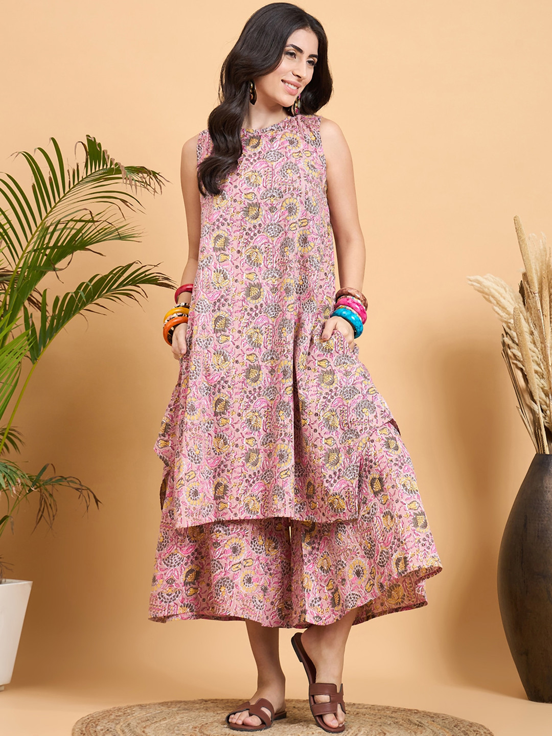 InWeave Floral Printed A-Line Pure Cotton Kurta with Palazzos