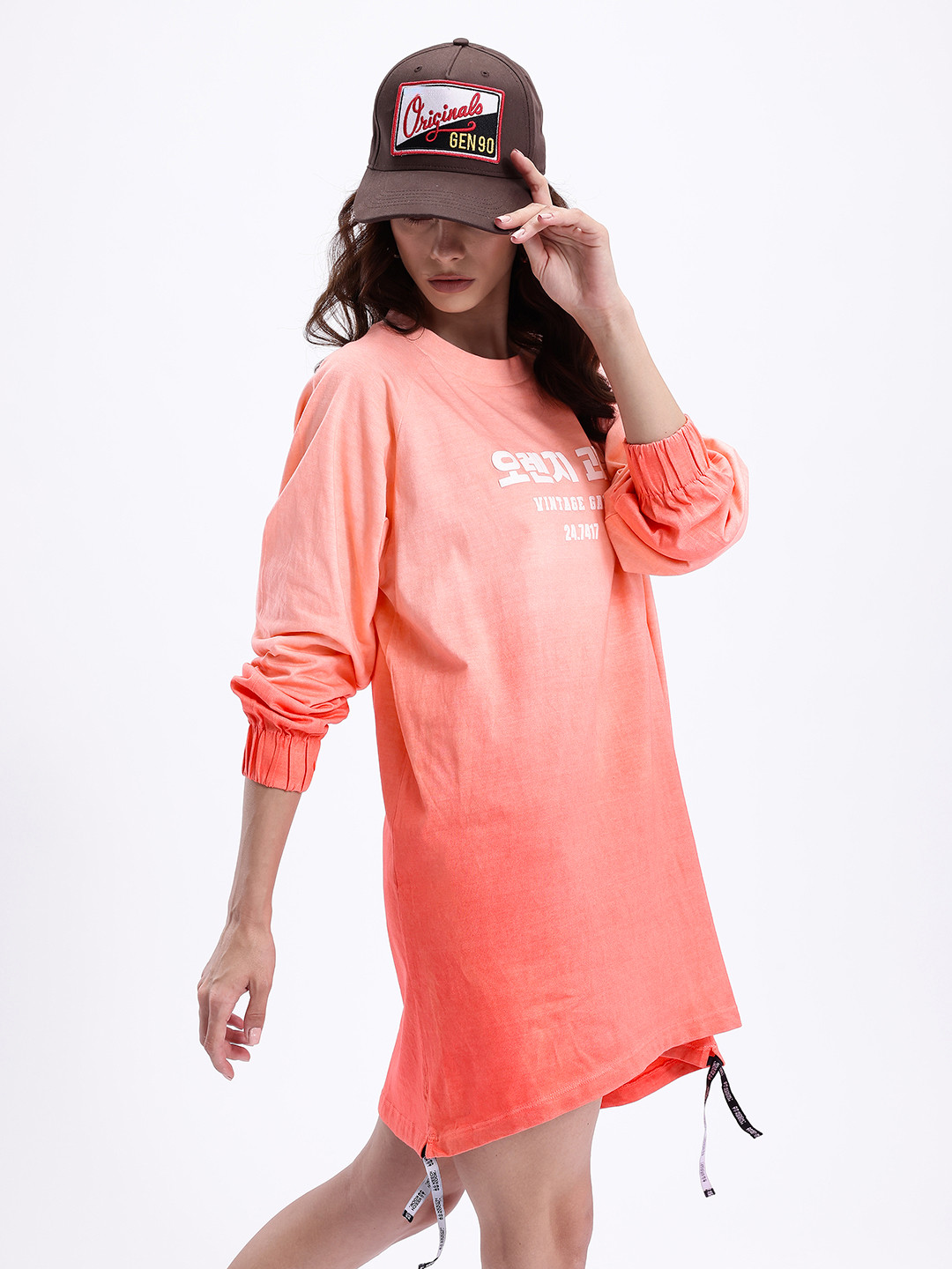 Kook N Keech Ombre Dyed Raglan Sleeves Cotton Street-Style T-shirt Dress with Toggle Hem