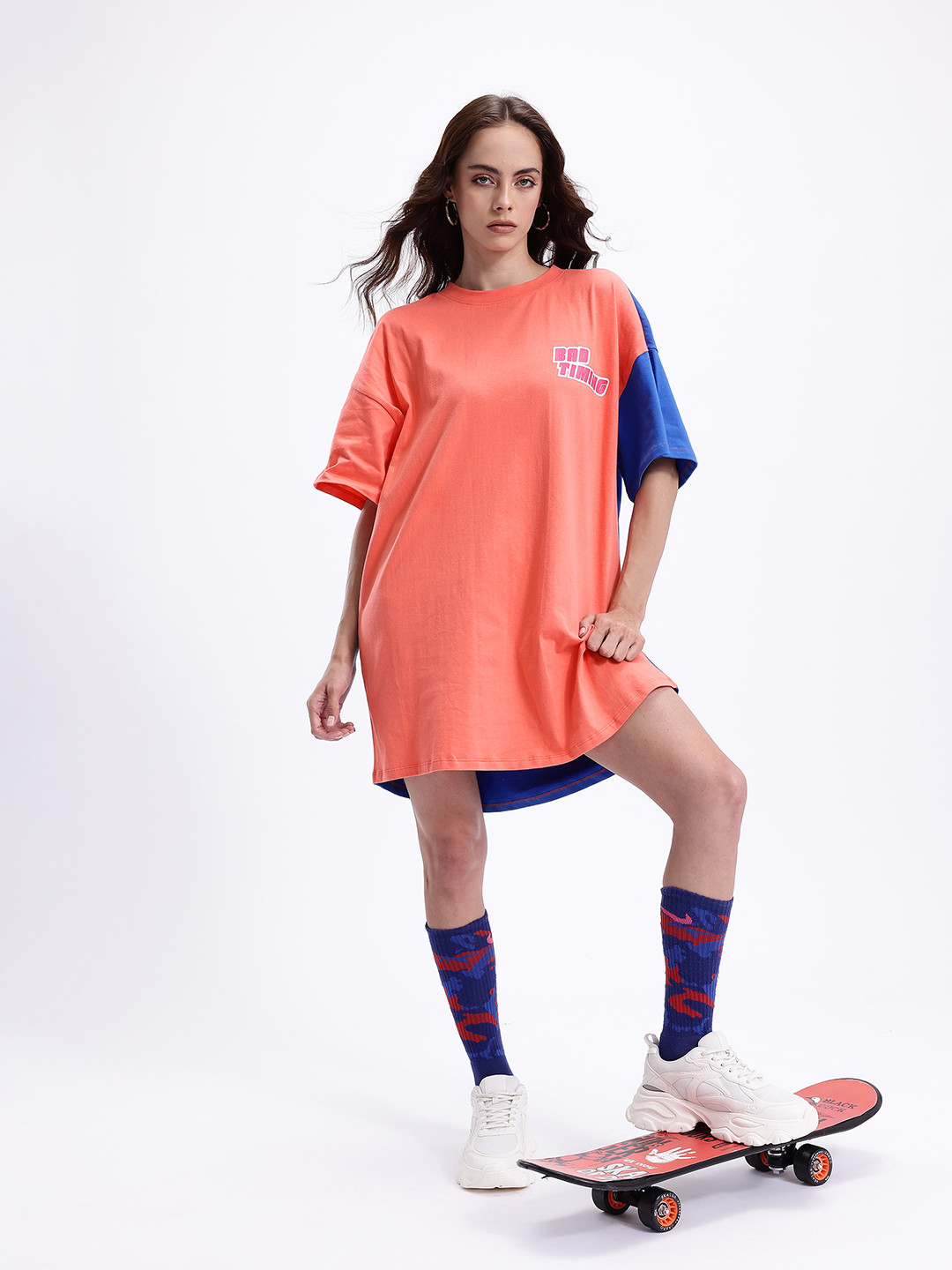 Kook N Keech Colourblocked Drop-Sleeves Cotton Street T-shirt Dress with Graphic Prints
