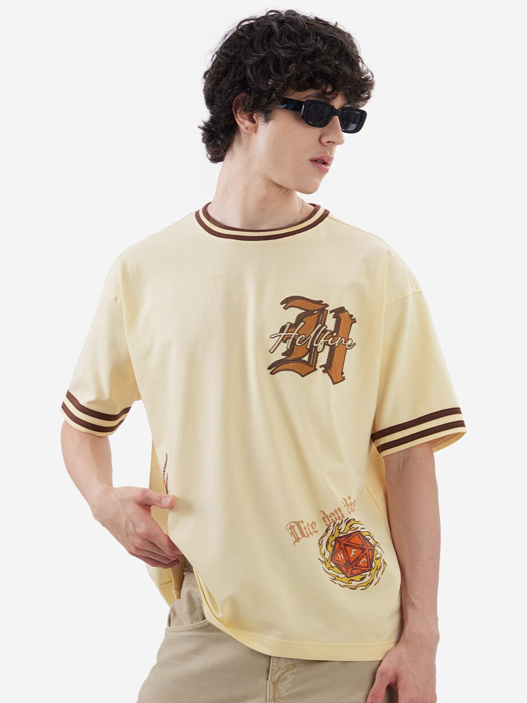 The Souled Store Hellfire Club Printed Drop-Shoulder Sleeves Pure Cotton Oversized T-shirt