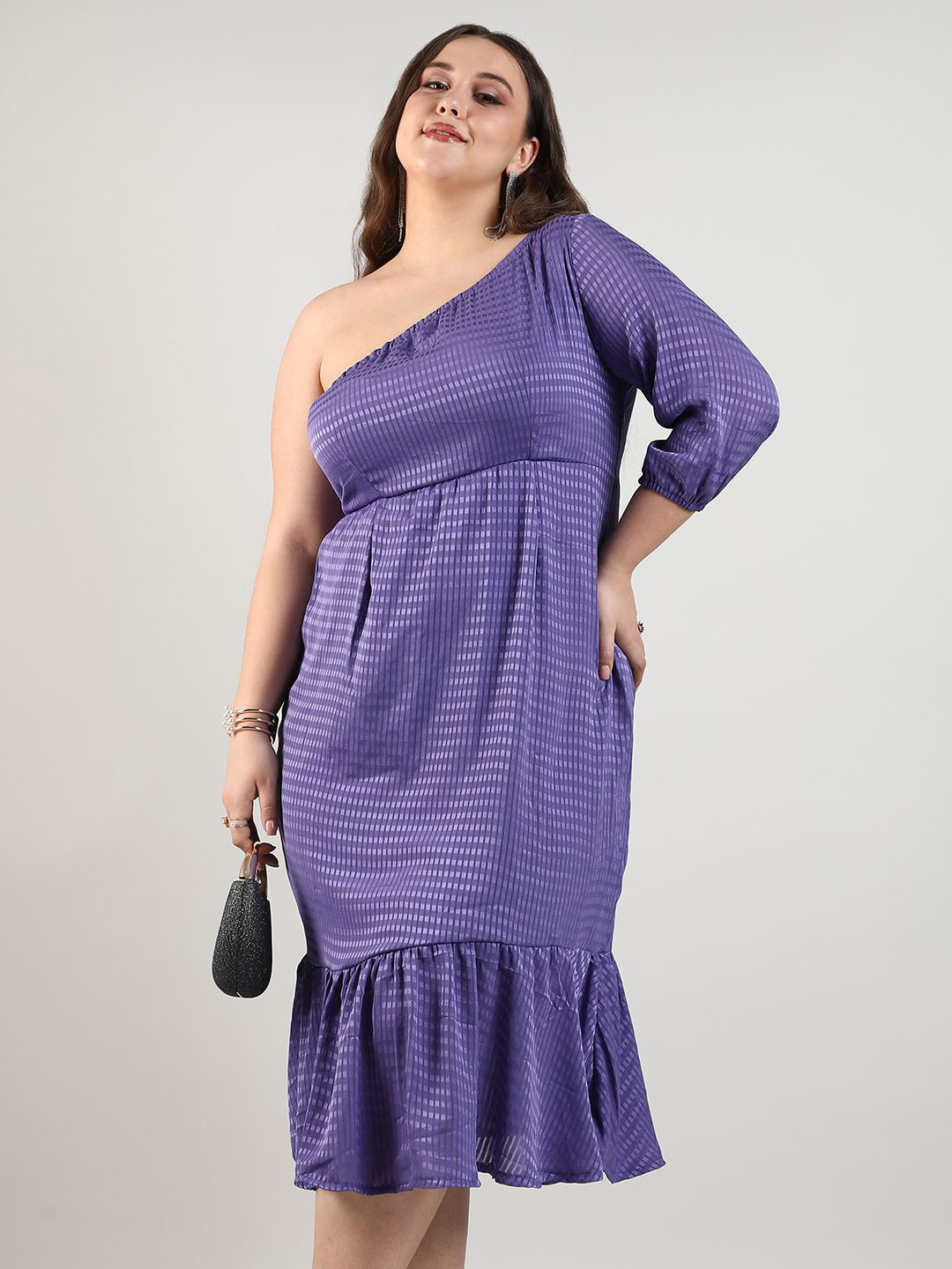 Instafab Plus Plus Size Striped One Shoulder A-Line Midi Dress