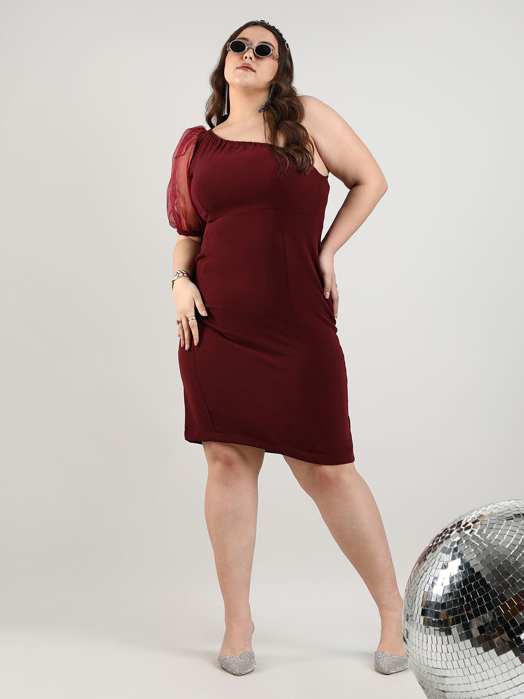 Instafab Plus One Shoulder Puff Sleeves Sheath Dress