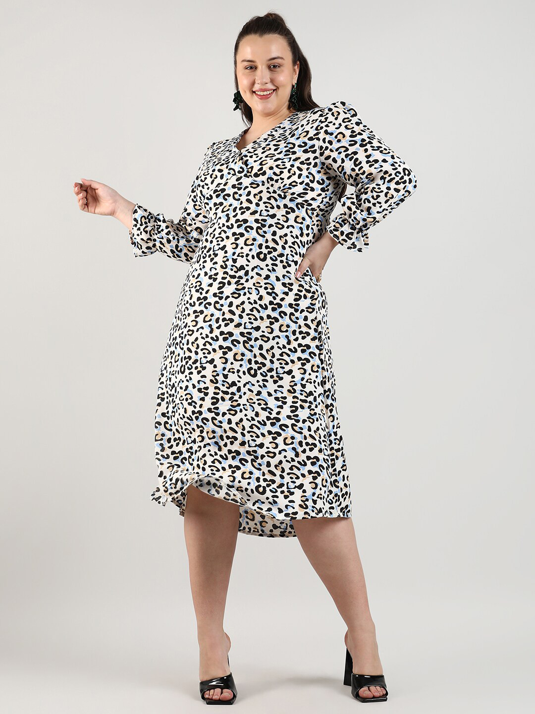 Instafab Plus Animal Print Puff Sleeves A-Line Dress