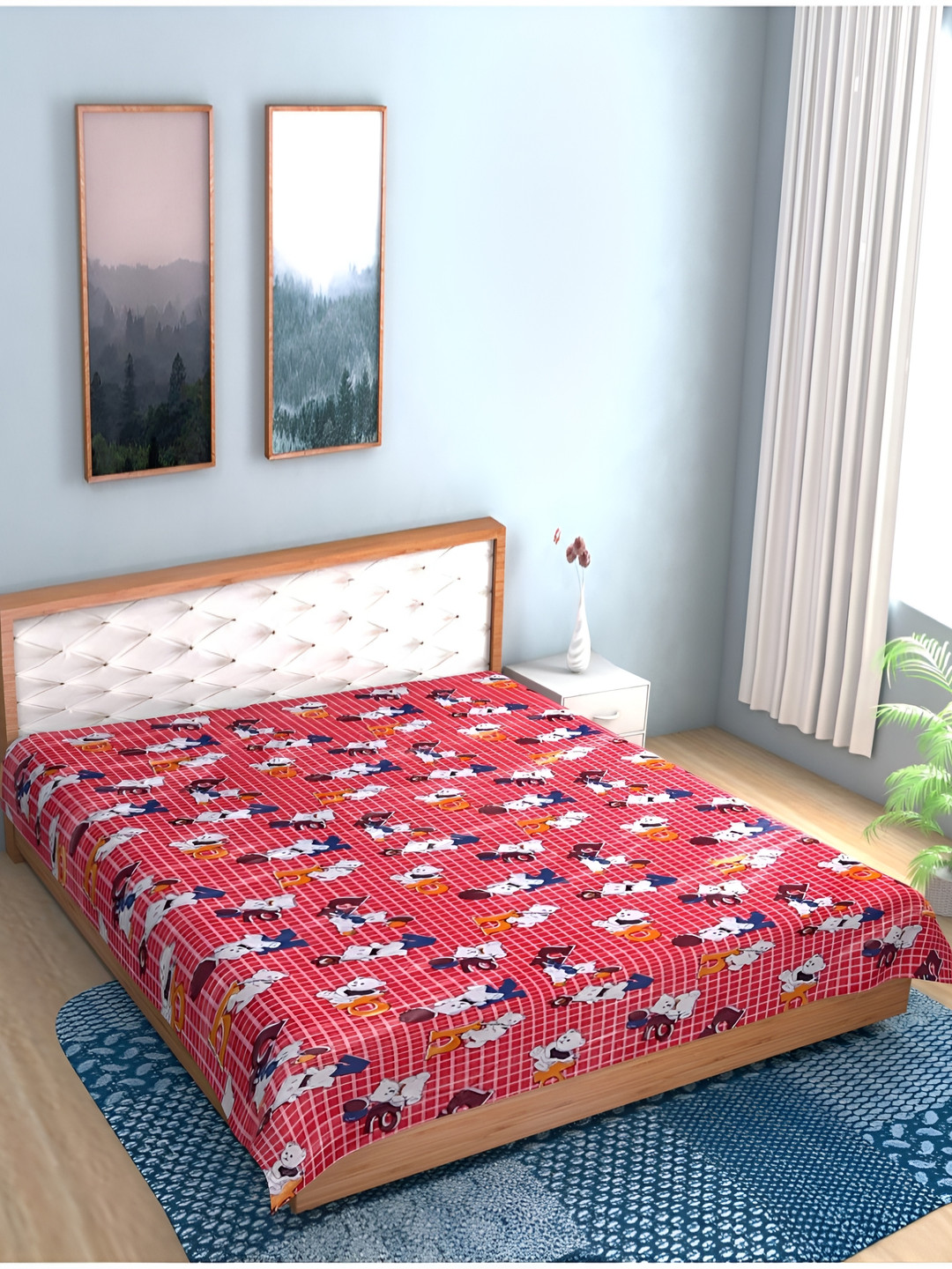 Aura Red Cartoon Characters Printed Queen Mattress Protector