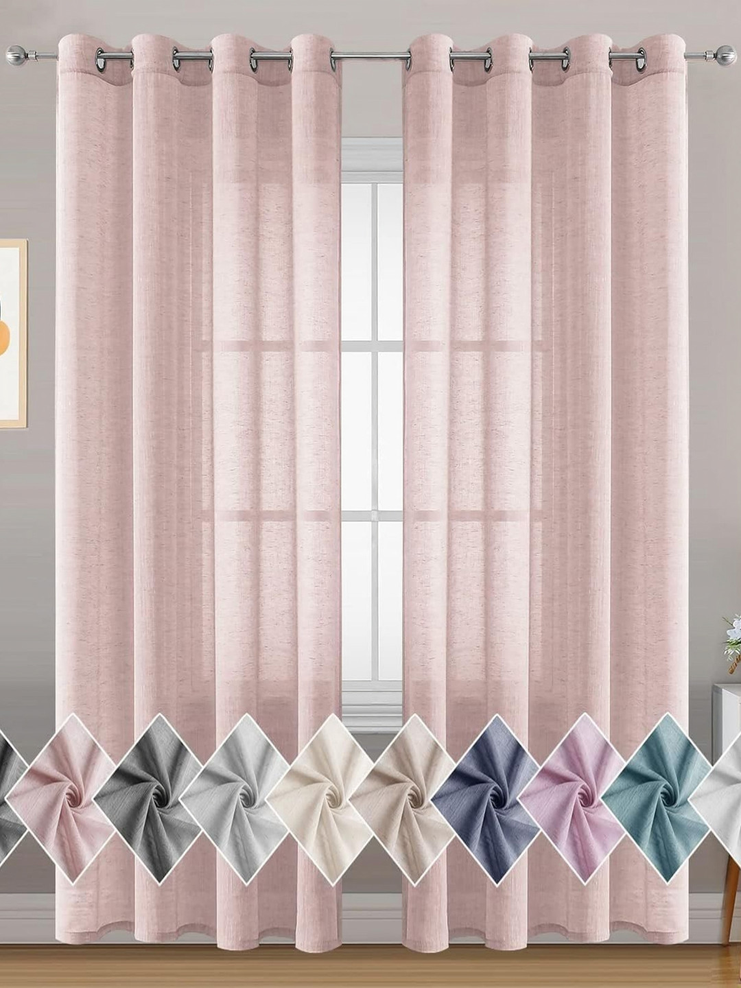 RIDHAAN Pink 2 Pieces Linen Sheer Door Curtains