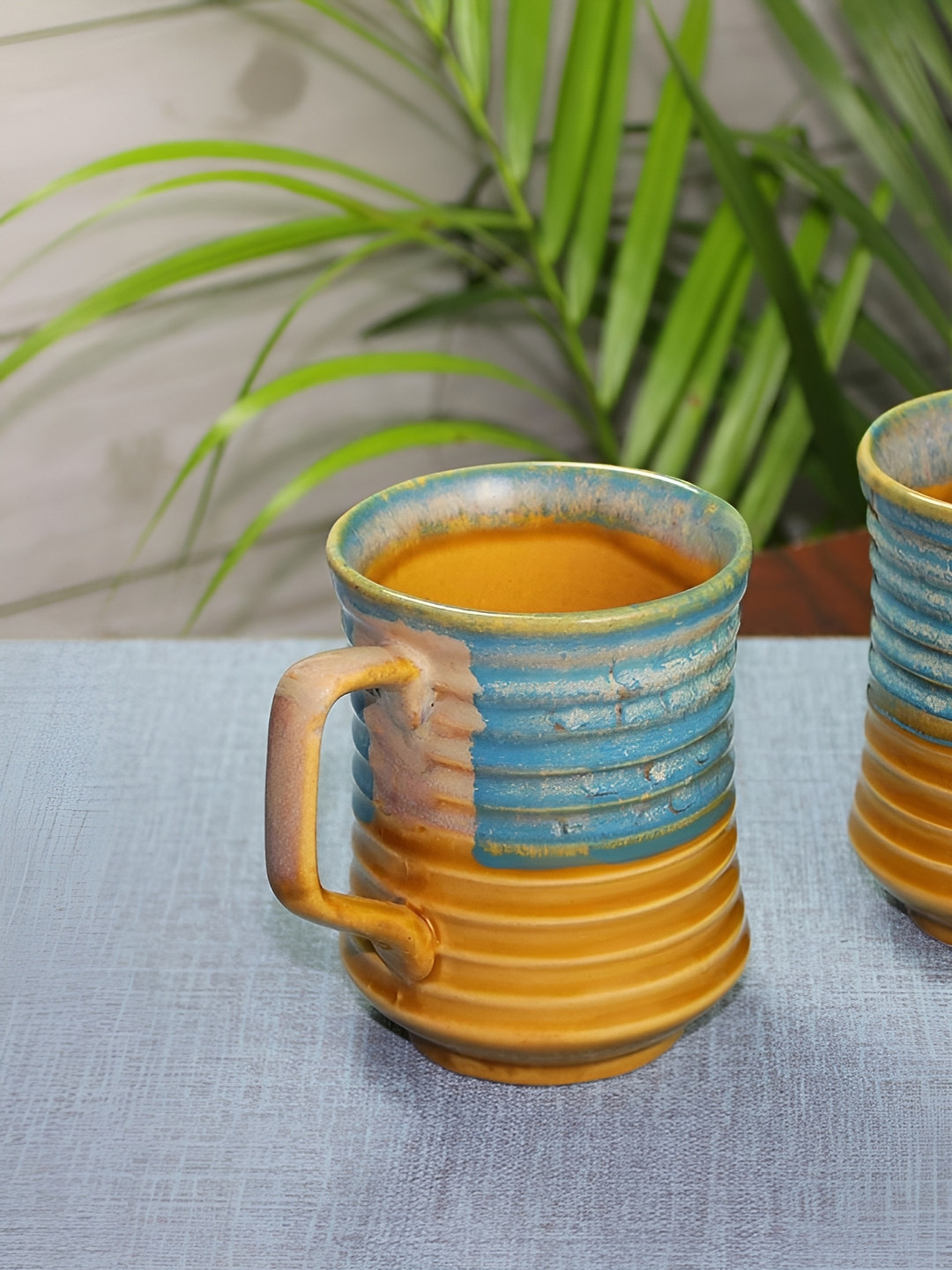 Unravel India Lazy Panda Orange Striped Ceramic Microwave Safe 2 Piece Mugs-200ml