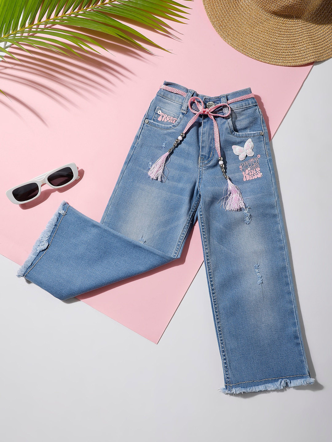 Macwin Girls Relaxed Fit Mildly Distressed Light Fade Stone Washed Cotton Jeans With Belt