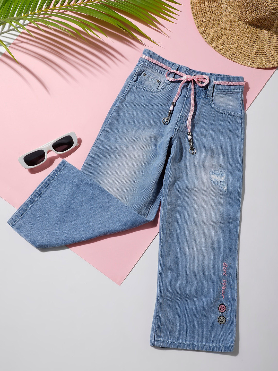 Macwin Girls Relaxed Fit Mildly Distressed Heavy Fade Stone Washed Cotton Jeans With Belt