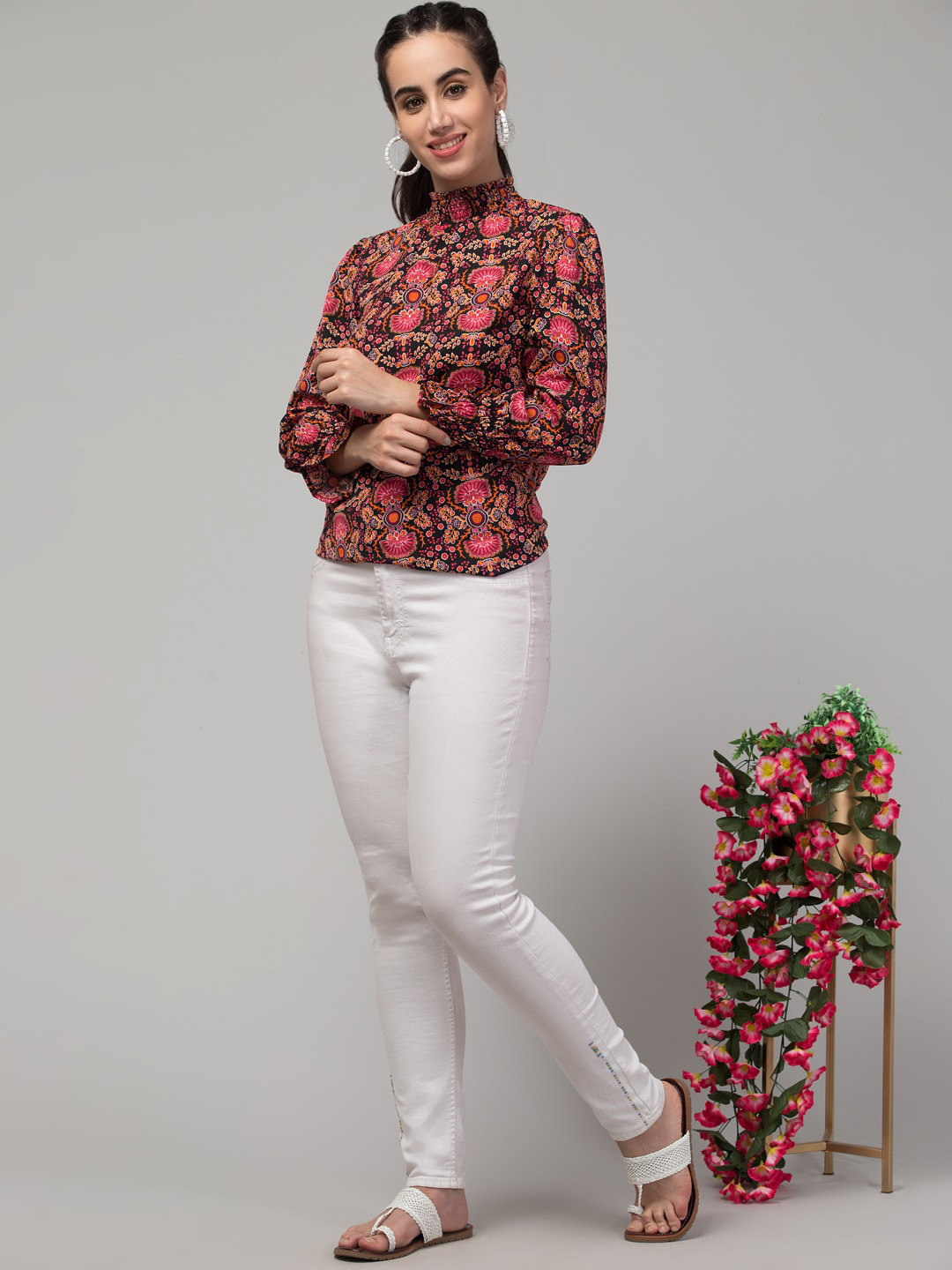 J Style Floral Print High Neck Puff Sleeves Crepe Blouson Top