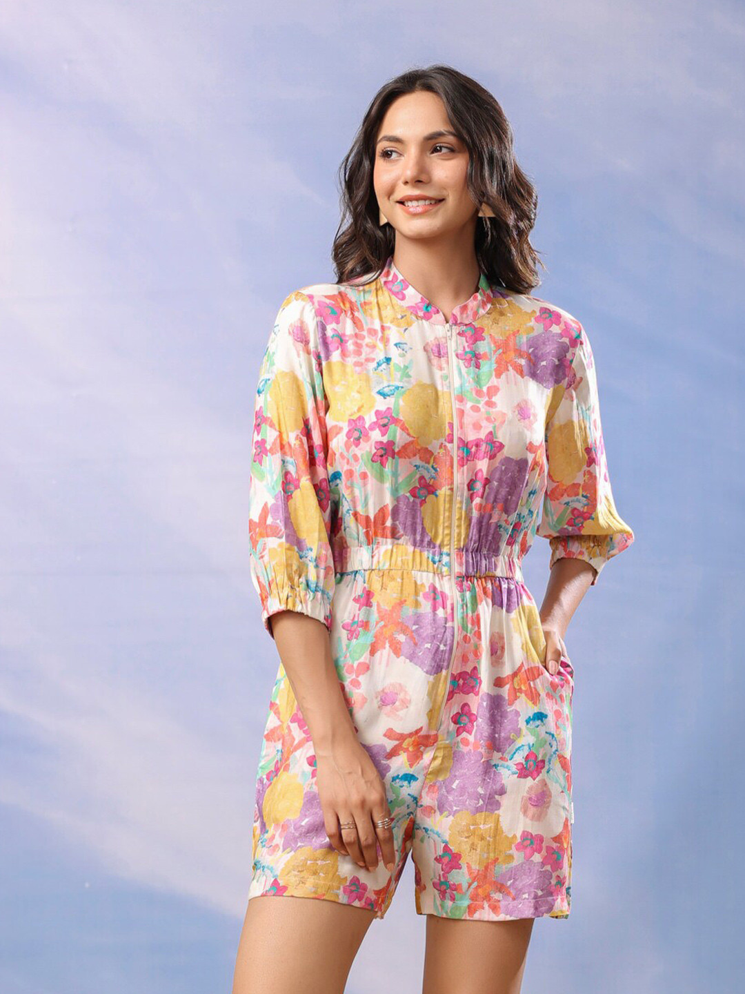 JISORA Floral Printed Mandarin Collar Silk Jumpsuit