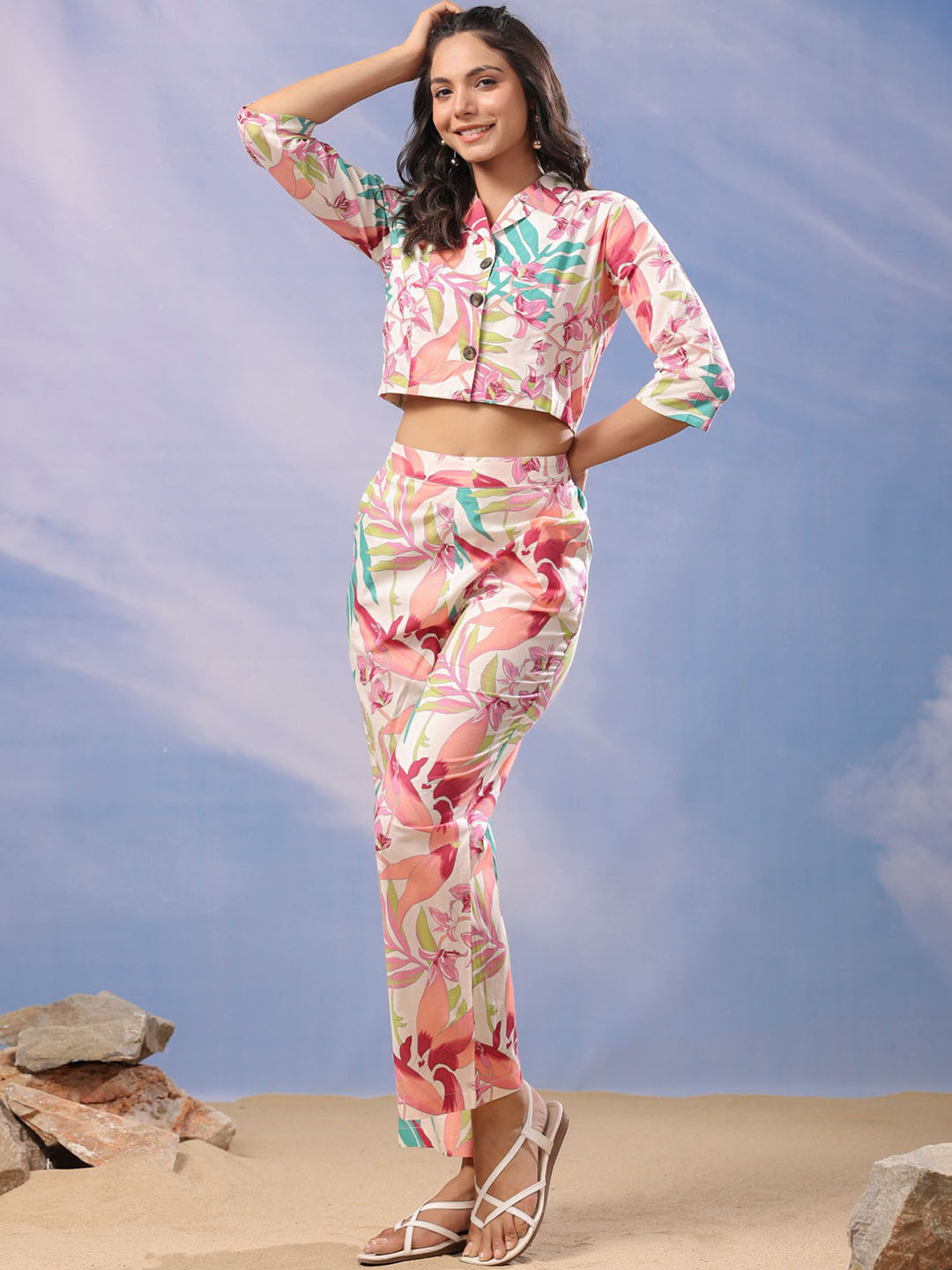 JISORA Cream Floral Printed Cuban Collar Pure Cotton Shirt With Trousers