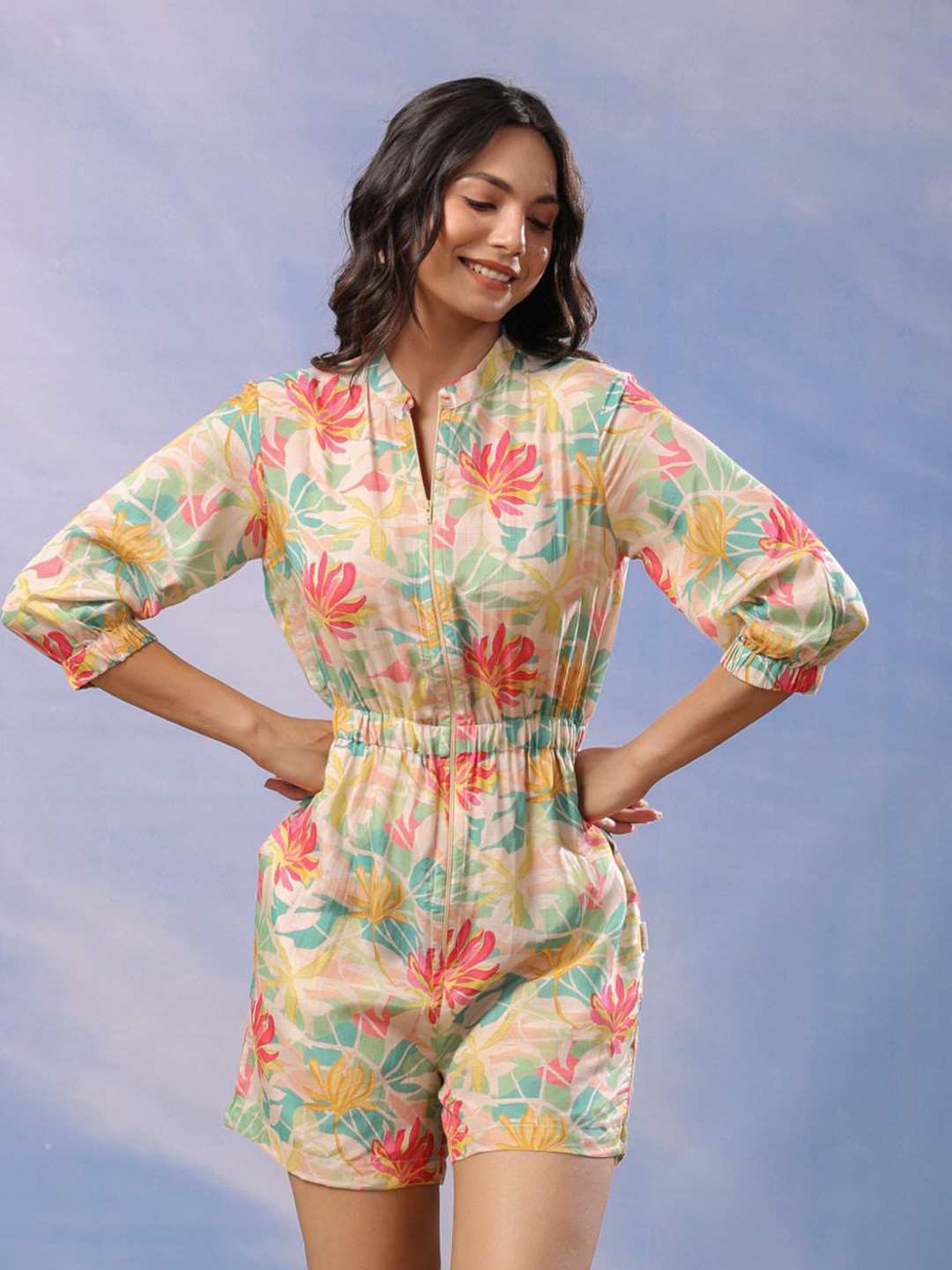 JISORA Floral Printed Mandarin Collar Silk Jumpsuit