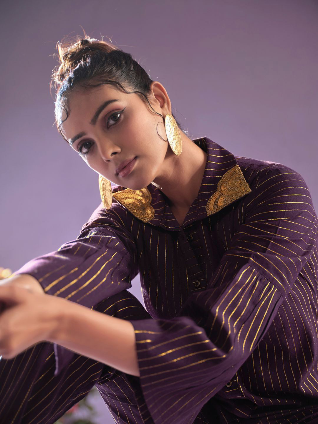 Sangria Purple Striped Shirt Collar Tunic with Trousers