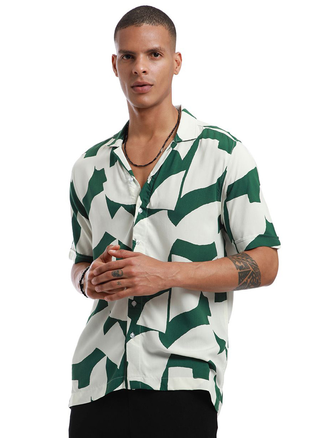 Banana Club Men Abstract Green Print Half Sleeve Shirt