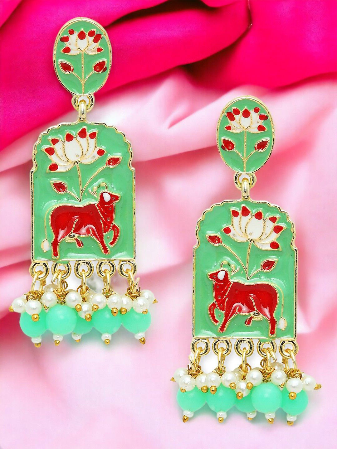 Anouk Metal Green Geometric Meenakari Drop Earrings