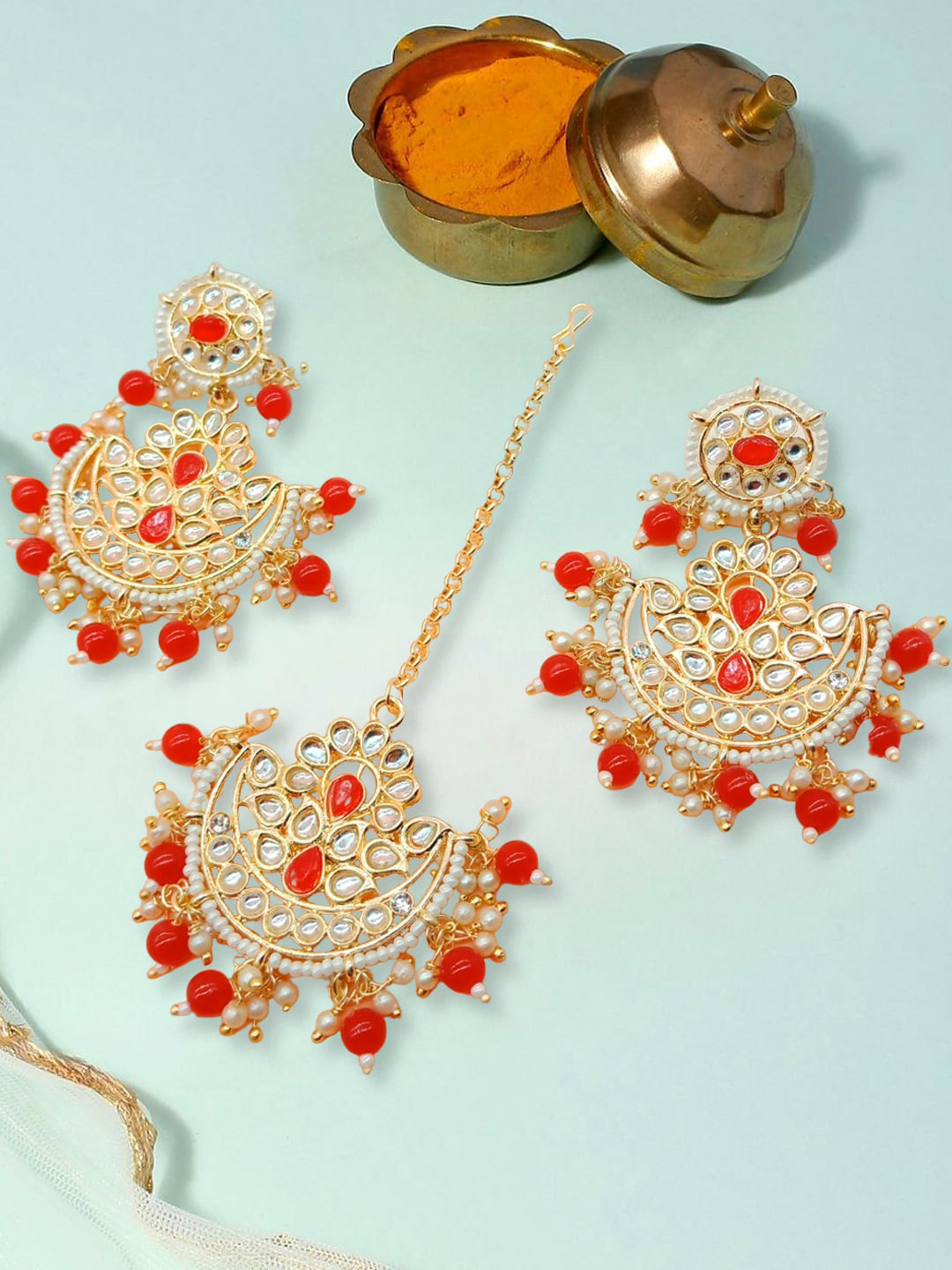 Anouk Red Kundan-Studded & Beaded Maang Tika and Earrings