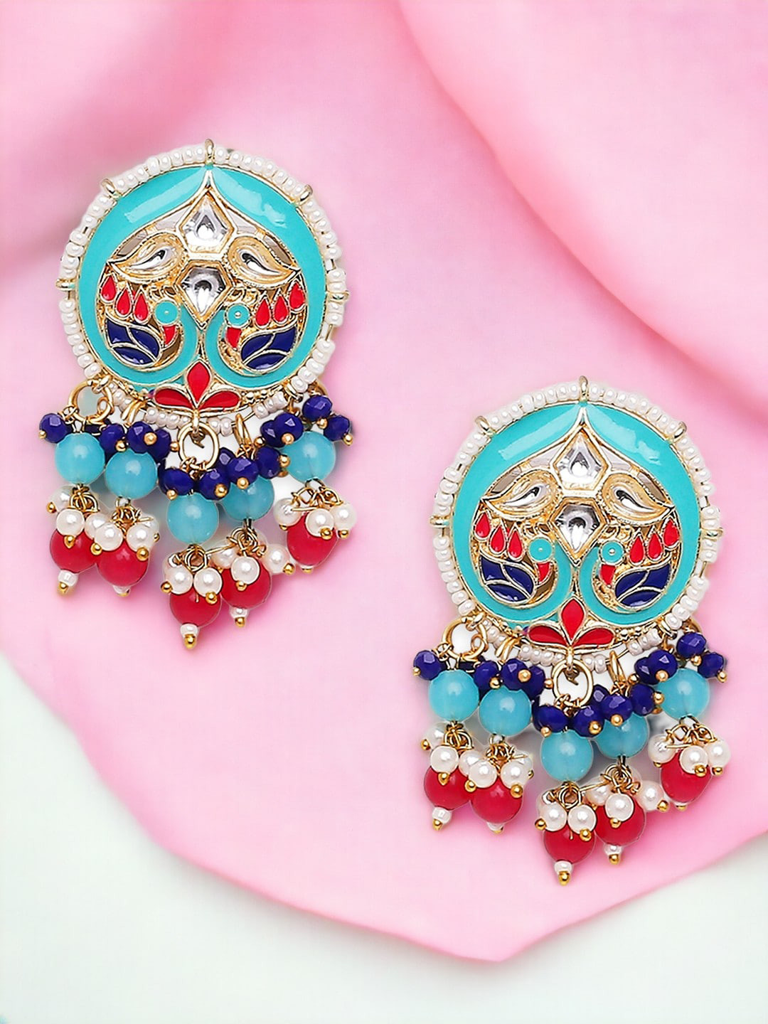 Anouk Gold Toned Kundan Peacock Shaped Drop Earrings
