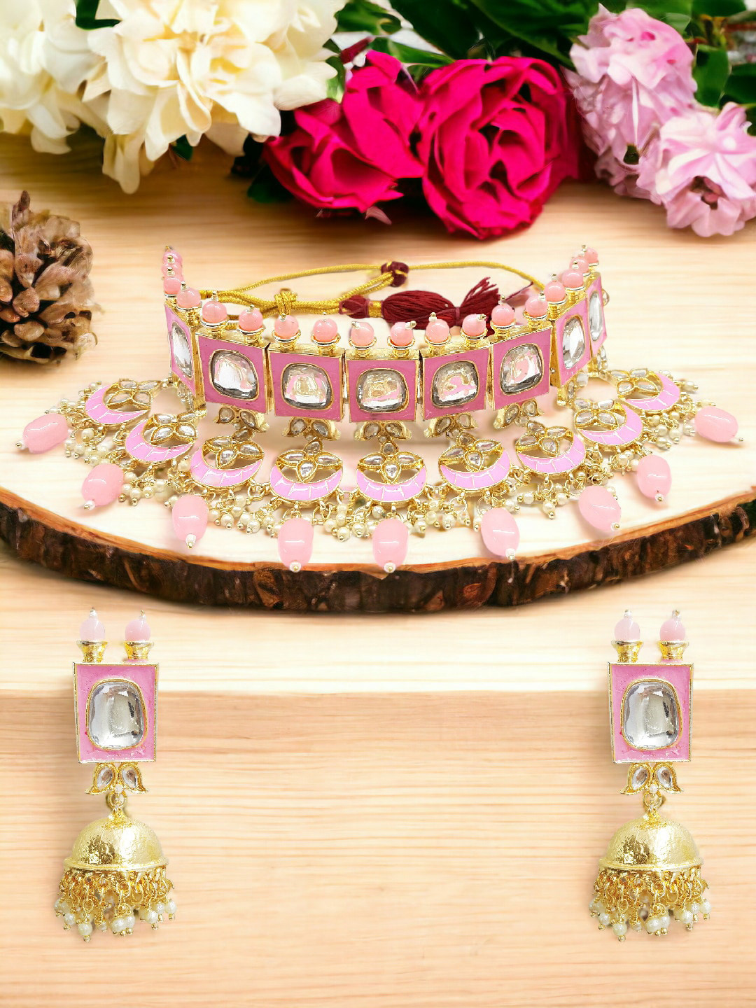 Anouk Pink Kundan-Studded & Beaded Necklace & Earrings