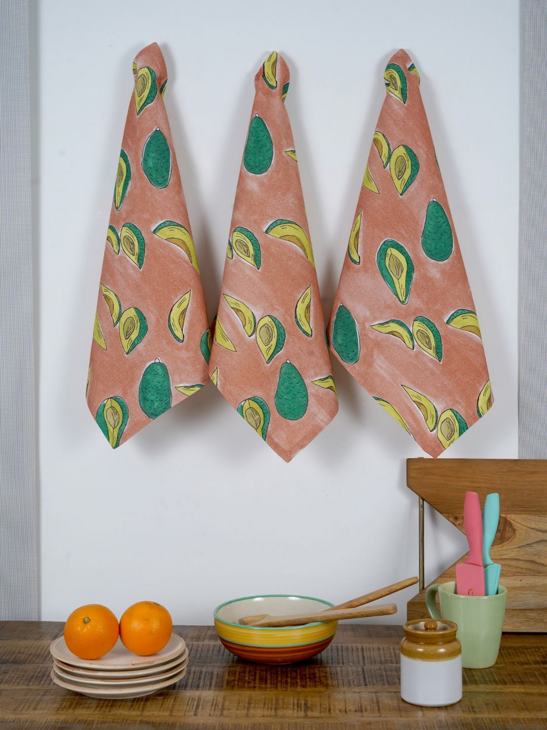 Ratan Cart Peach 3 Pieces Printed Cotton Kitchen Towels