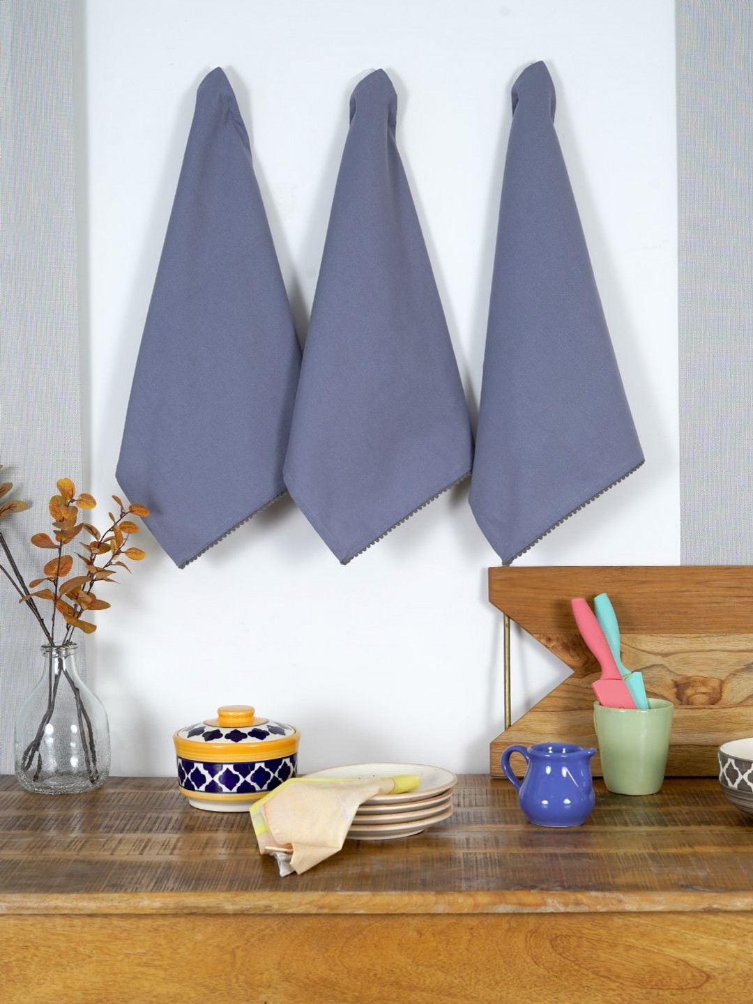 Ratan Cart Grey 3 Pieces Cotton Kitchen Towels