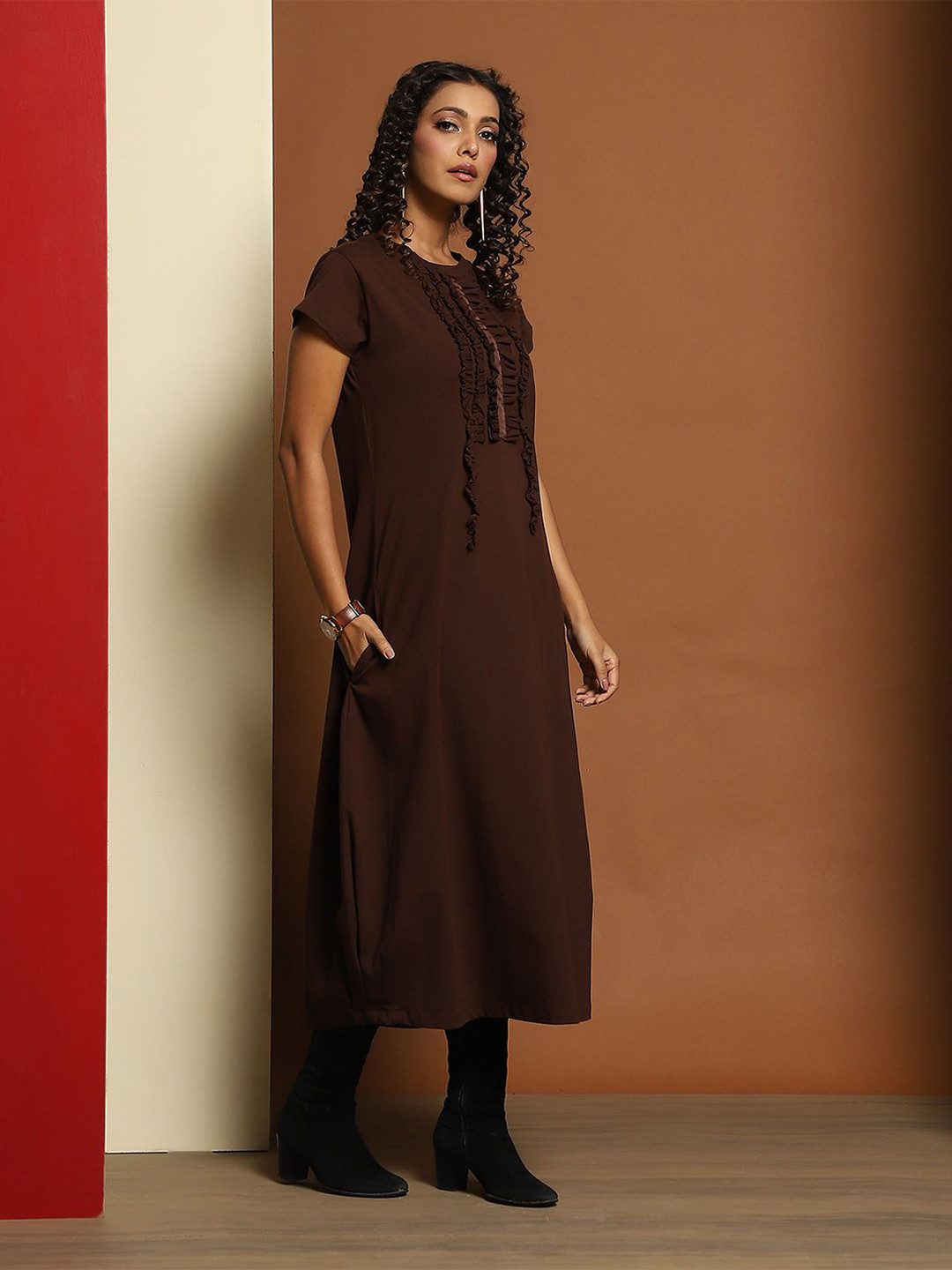 Baawri Round Neck Short Sleeves Cotton A-Line Brown Midi Dress for Women