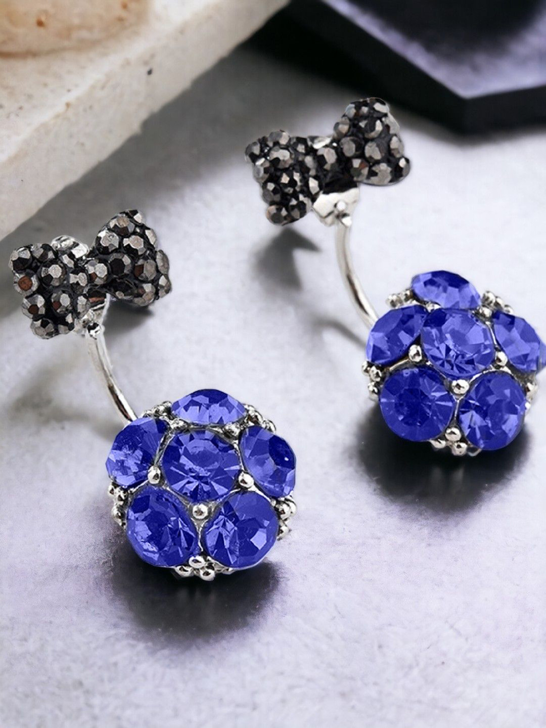 DressBerry Silver-Toned Crystals Studded Floral Jacket Studs Earrings