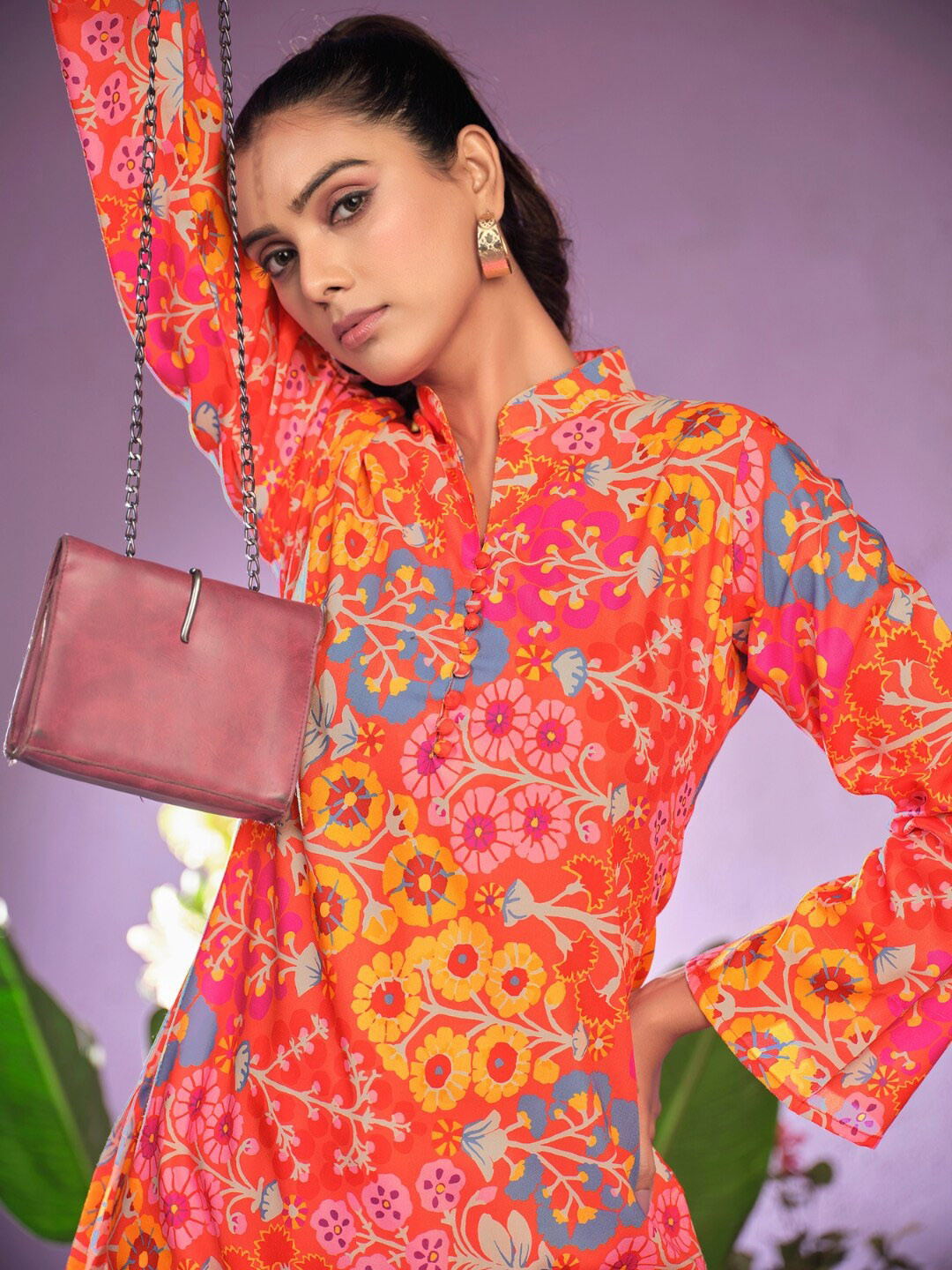 KALINI Floral Printed V Neck Tunic With Trousers