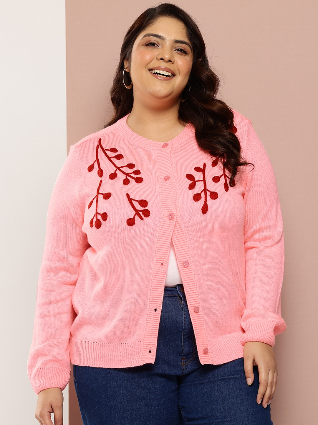 Sztori Plus Size Floral Embroidered Acrylic Cardigan