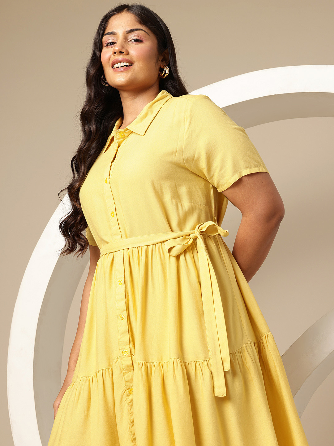 Sztori Plus Size Tiered Shirt Style Dress with Belt
