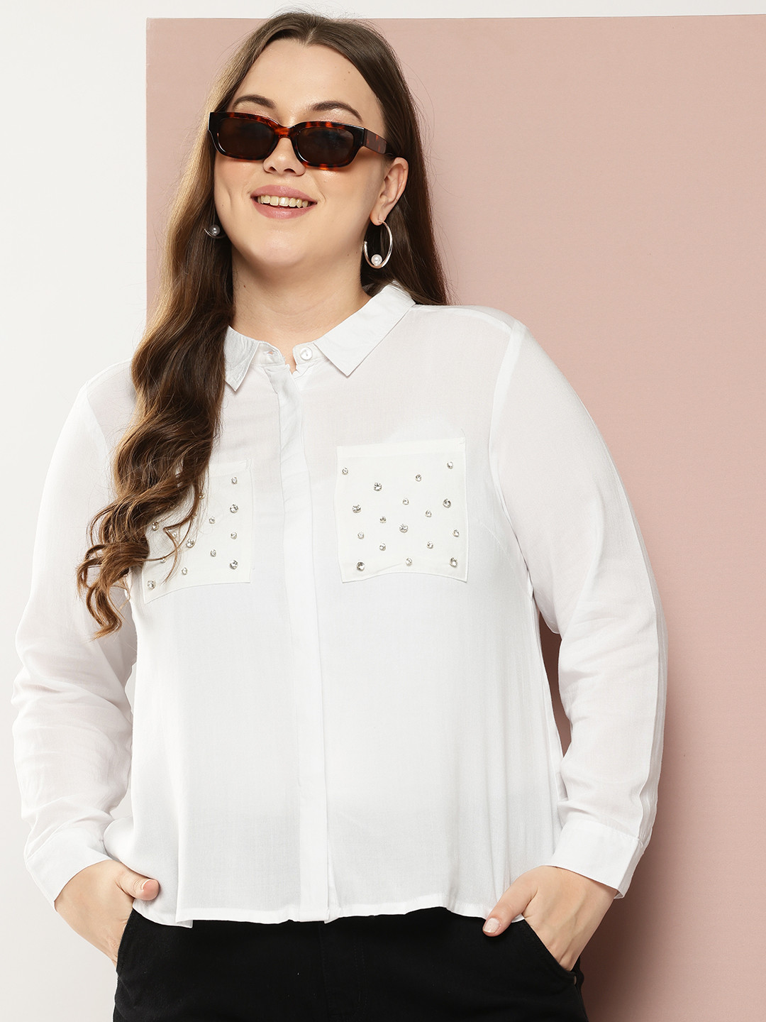 Sztori  Plus Size Studded Satin-Finish Party Shirt