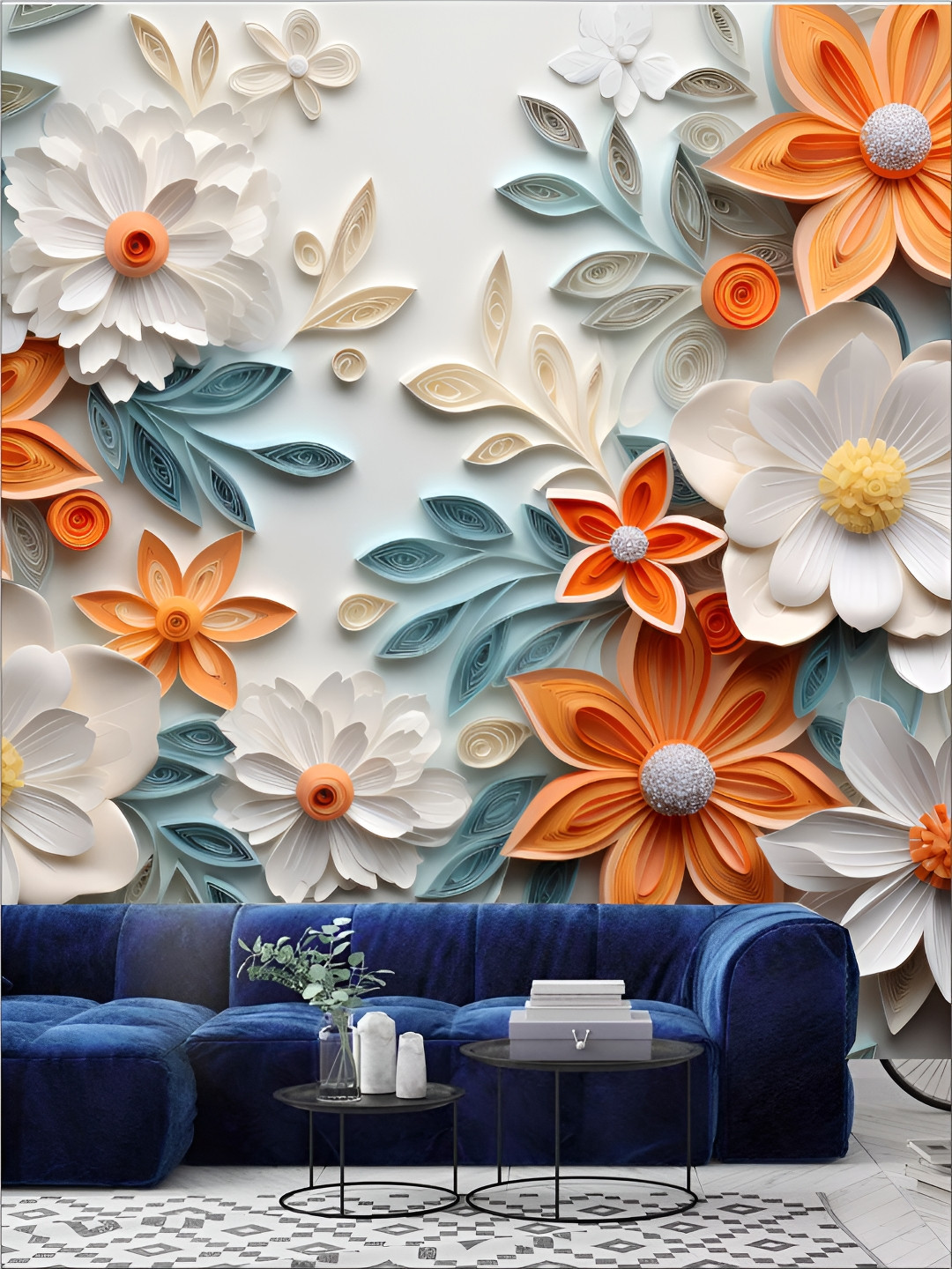 Aura White & Red Floral 3D Printed Self Adhesive Wall Sticker