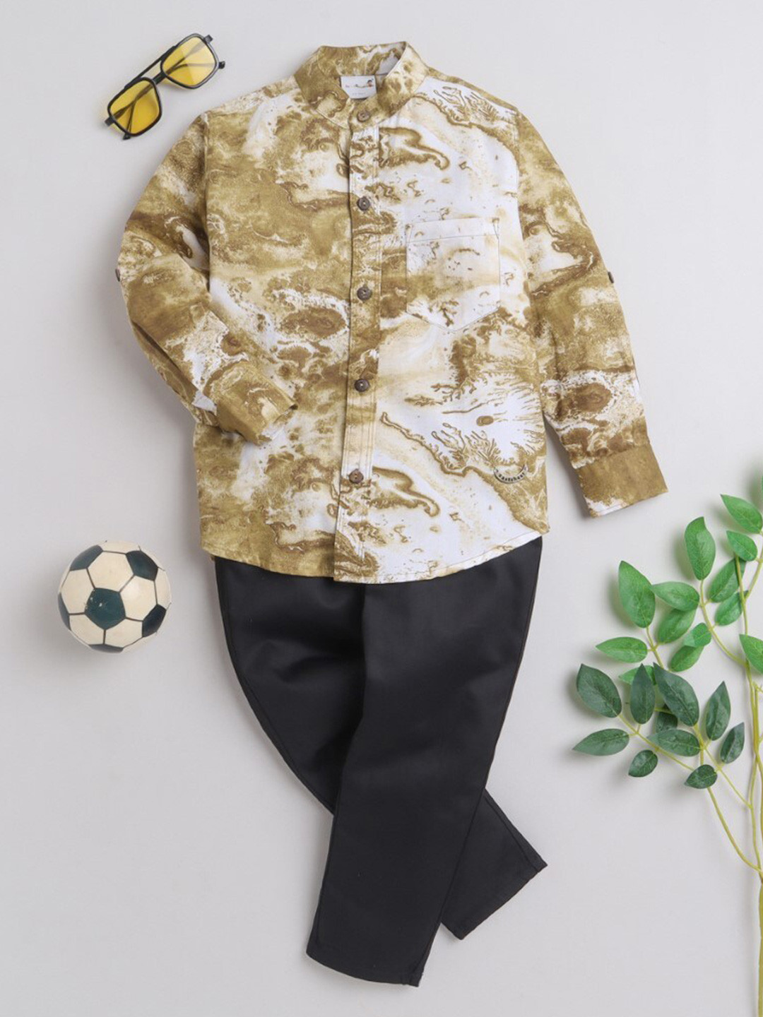 BAATCHEET Boys Printed Mandarin Collar Pure Cotton Shirt With Short