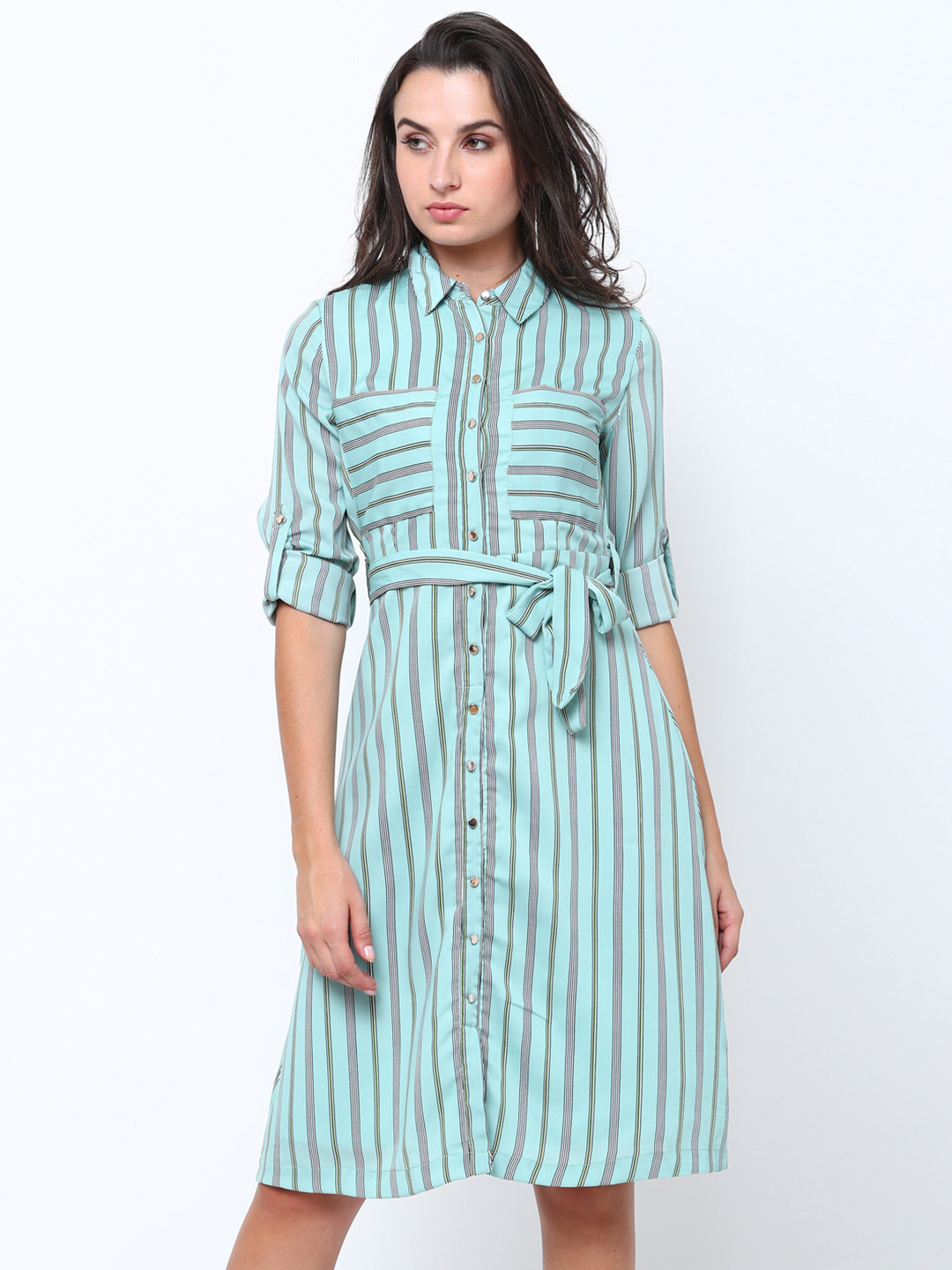 Tokyo Talkies Women Green Striped Shirt Dress
