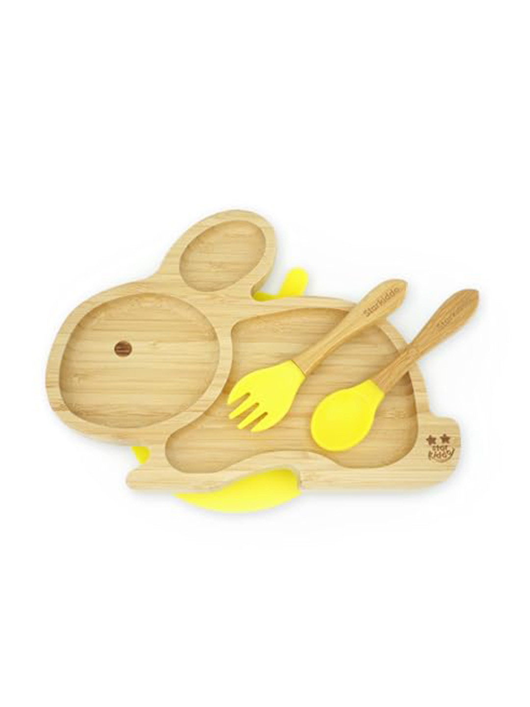 Starkiddo Kids Yellow & Beige 3 Pieces Rabbit Design Plate Spoon & Fork