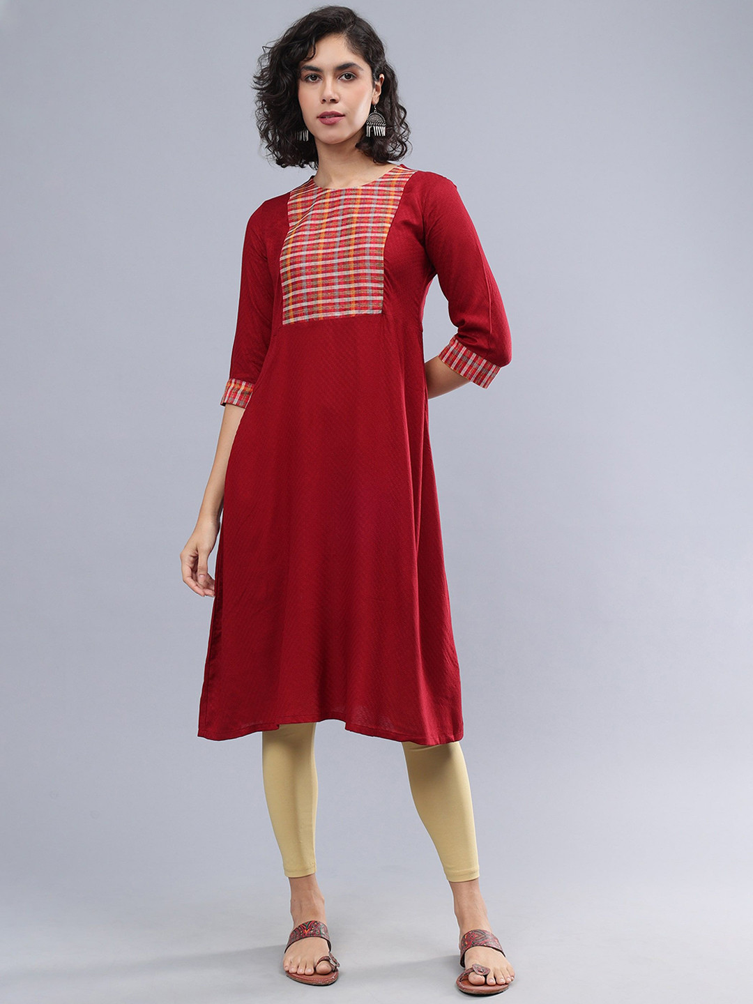 Cot'N Soft Checked Yoke Design Round Neck Pure Cotton Straight Kurta