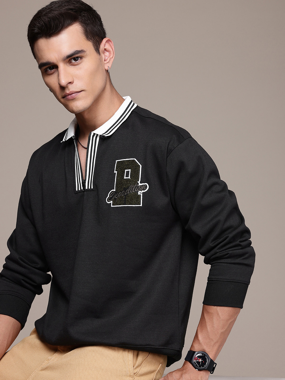 The Roadster Life Co. Relaxed Fit Contrast Mock Collar with Applique Detailing Sweatshirt