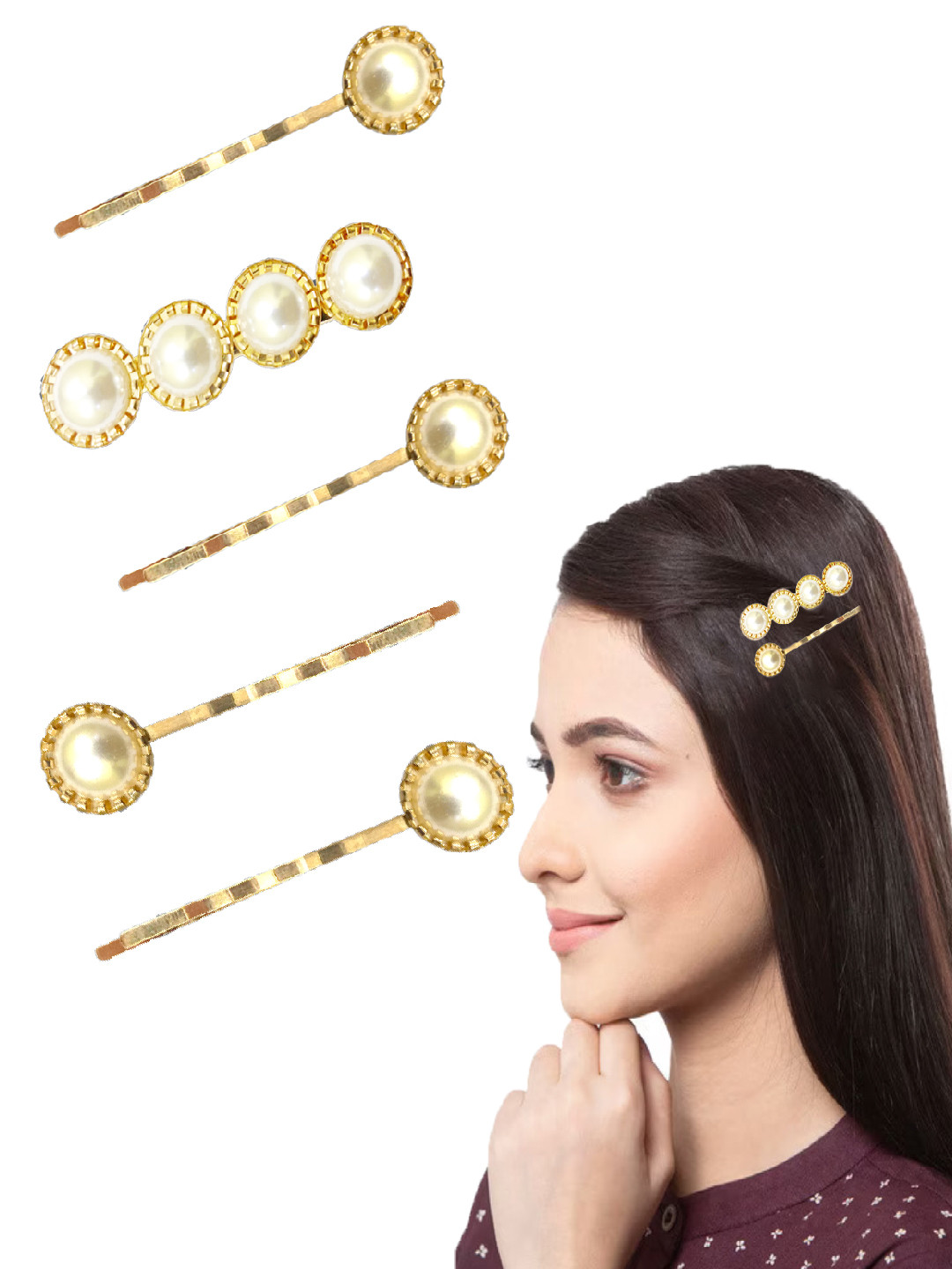 Majestique Set of 5 Pearl Golden Hair Pins Metal Korean