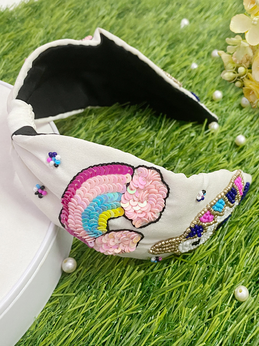 Majestique Set of 1 Multicolor Beaded Embroidery Hair Bands Headband