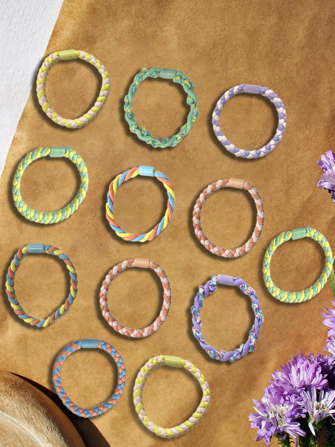 Majestique Set of 12  Multicolour Printed Braided Hair Tie Rubber Bands Scrunchies