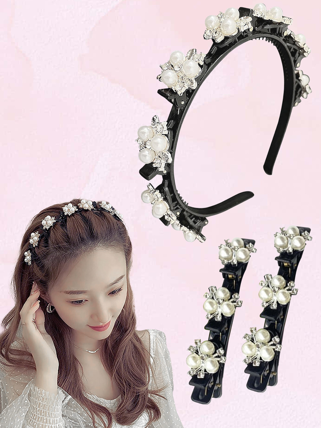 Majestique Set of 3 Multicolor Double Layer Twist Headband Pearl Flower Alligator Clips