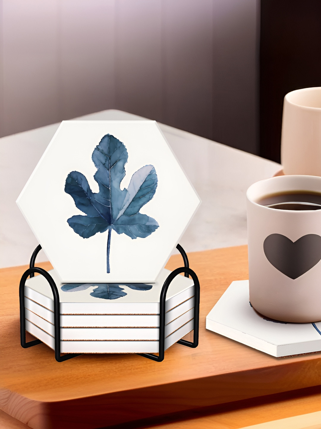 UMAI White & Blue 6 Pieces Printed Hexagonal Shaped Coasters