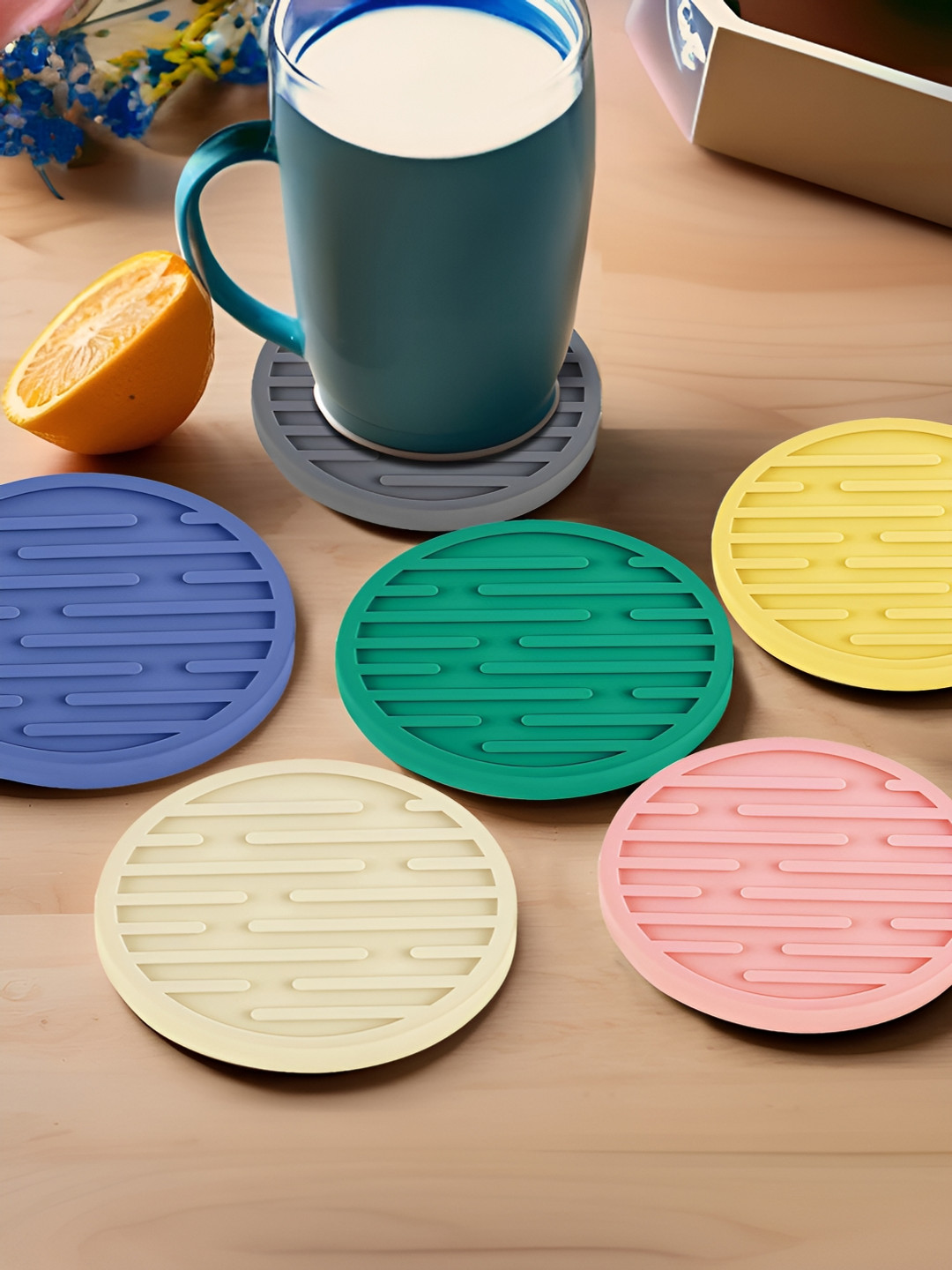 UMAI 6-Pcs Blue & Green Textured Silicone Coasters With Holder